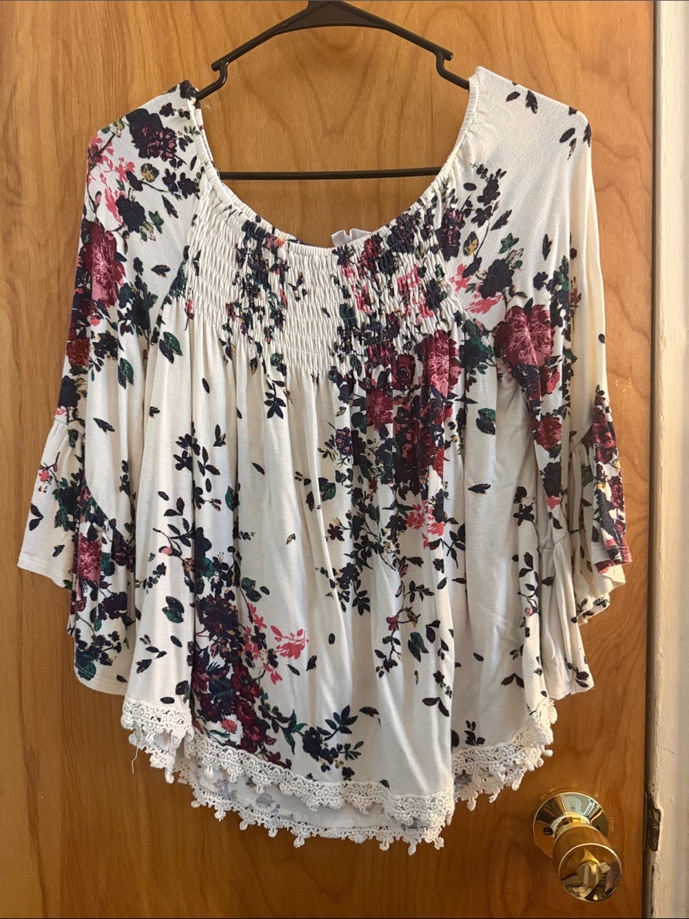 Urban Outfitters White Floral Smocked Peasant Blouse with Lace Hem